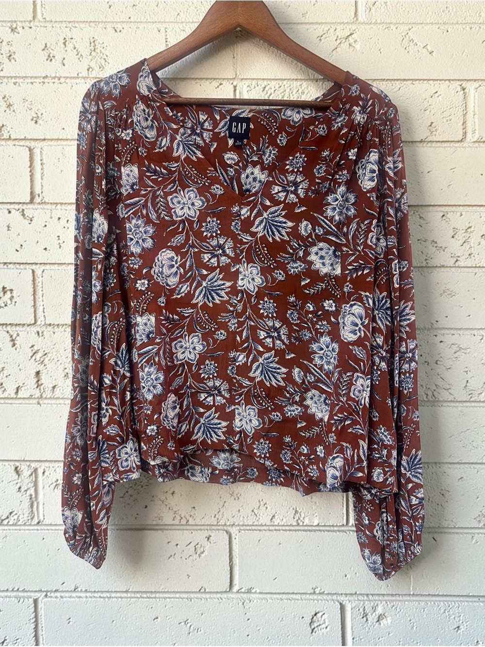 GAP Rust Floral Babydoll Blouse Long Sleeve Size Large